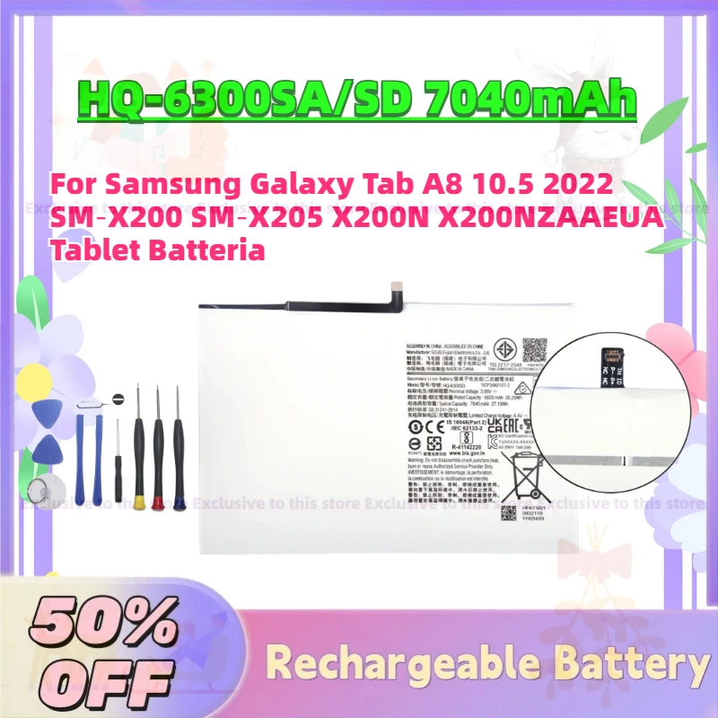 

Grade A HQ-6300SA/SD 7040mAh 3.85V Battery for Samsung Galaxy Tab A8 10.5 2022 SM‑X200 SM‑X205 X200N X200NZAAEUA Tablet Batteria