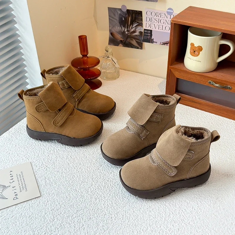 

Термосапоги для малышей на открытом воздухе, новые зимние детские повседневные плюшевые сапоги для девочек, нескользящие теплые модные детские ботильоны из хлопка