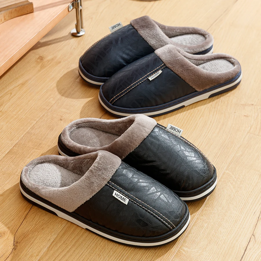 Big Size Winter Casual Men's Slippers Indoor Waterproof PU Leather Home Shoes Fur Flat Warm Fashion Bedroom Houseshoes