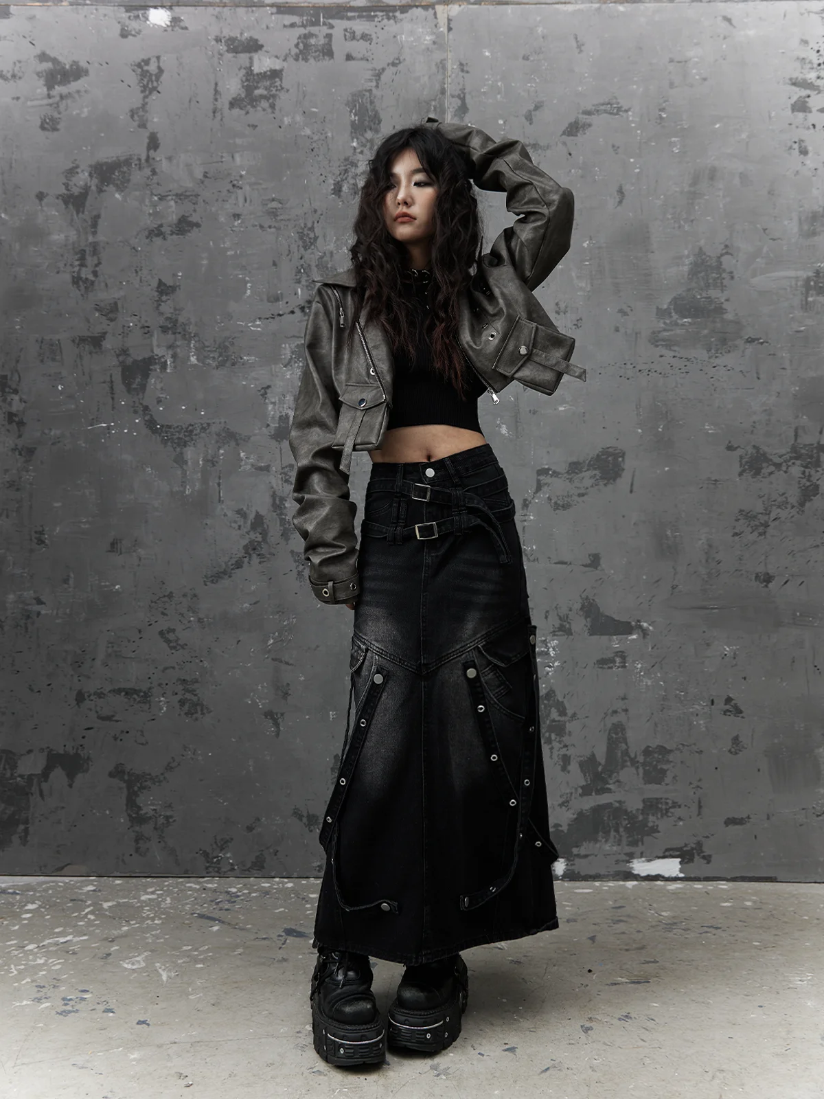 Retro punk tingimento e descoloração ort solto zíper couro jaet street sle feminino primavera faion outerwear