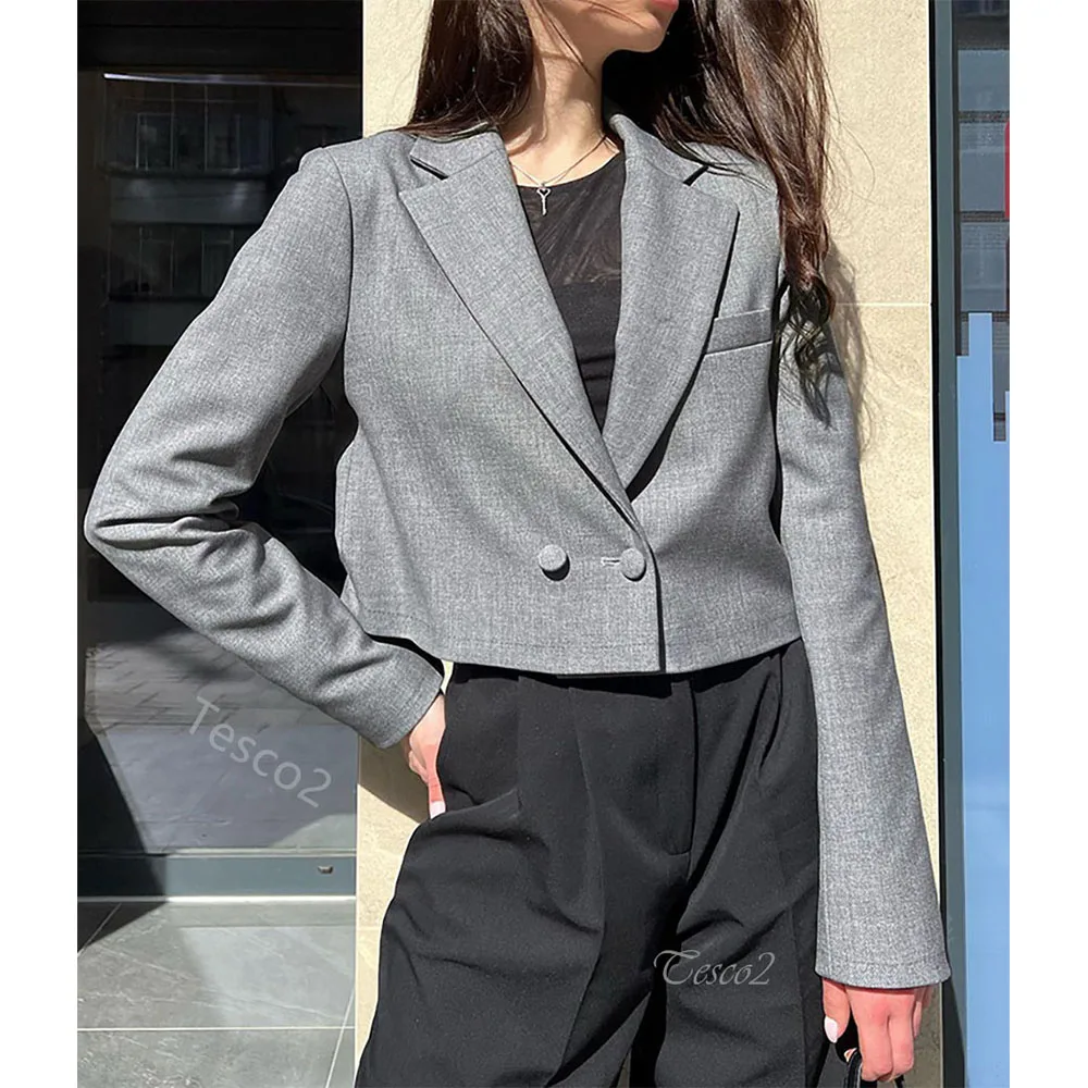 Tesco Grey Short Blazer Suit for Women Fashion Casual Long Sleeve Office Lady Jacket All Match Women's Coat ropa de mujer