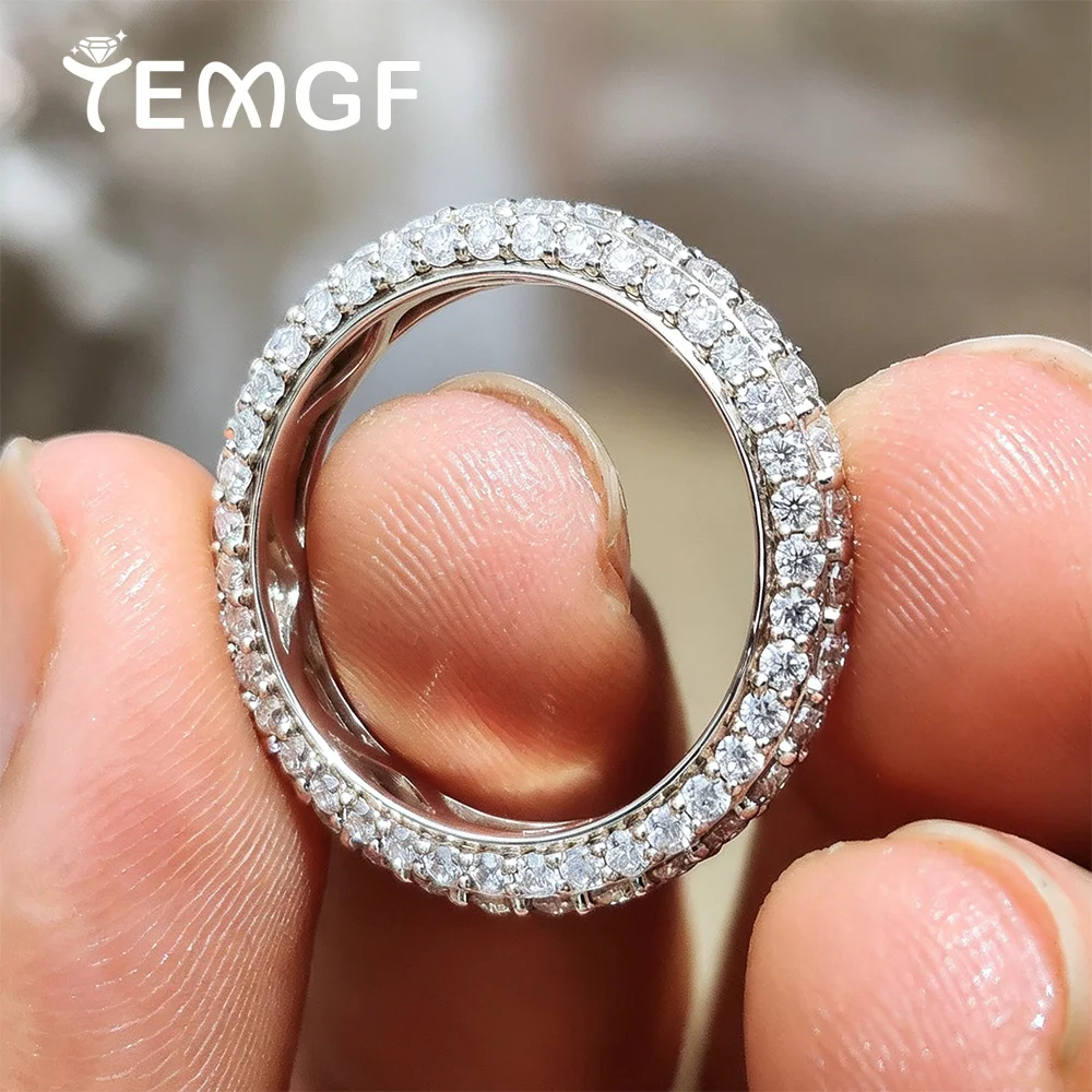 Round Cut Moissanite Rings for Women 925 Sterling Silver Three Row Pave Full Eternity Wedding Band Bridal Promise Ring Jewelry