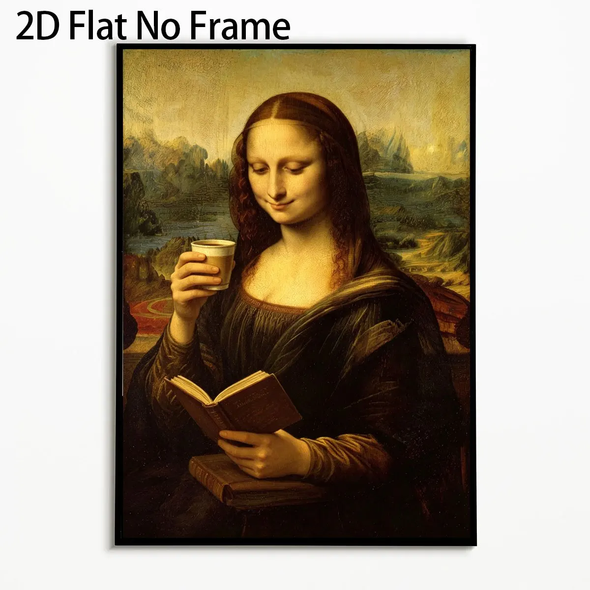 2D Flat, 2D Flat, 1pc, Creative Mona Lisa Coffee Reading Decorative Painting, Fun Masterpiece Parody Poster, Frameless Canvas