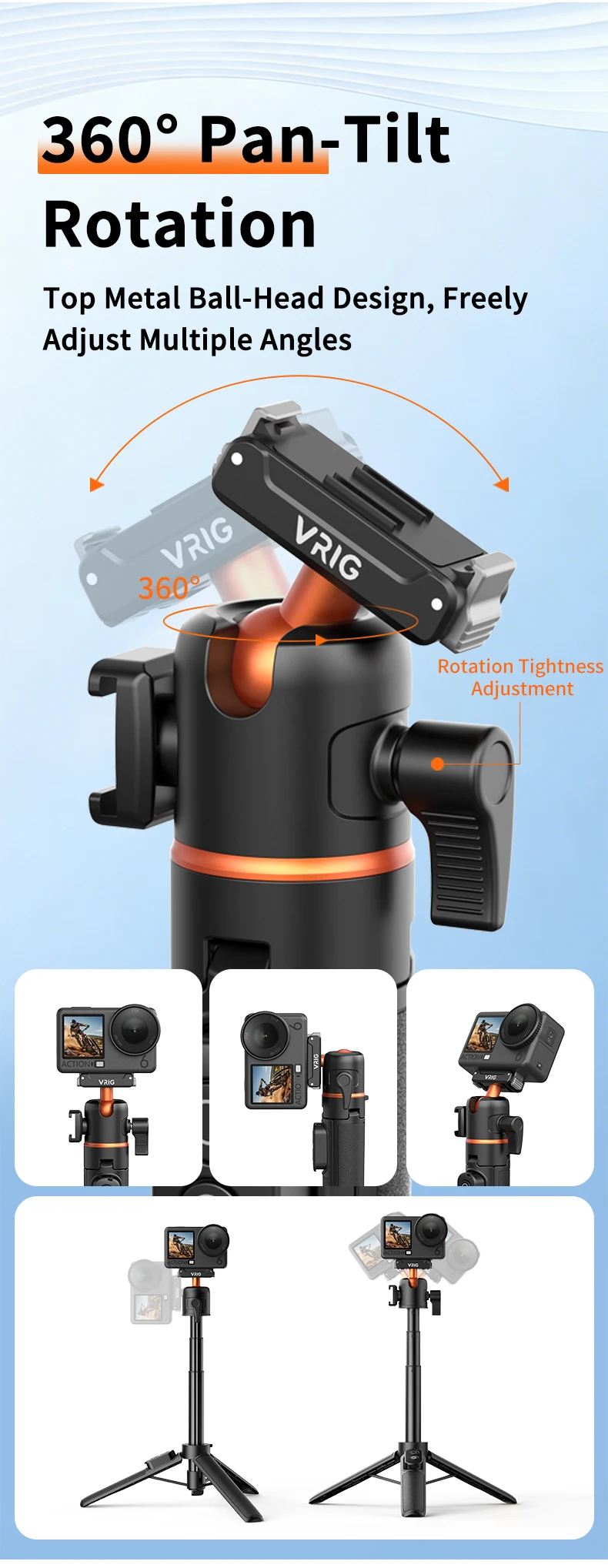 VRIG Magnetisches Stativ-Selfie-Stick-Stativ mit 360°-Kugelkopf und Cold Shoe für DJI Osmo Action 6 5 Pro 4 3 Action-Kamera-Zubehör – Detail 7