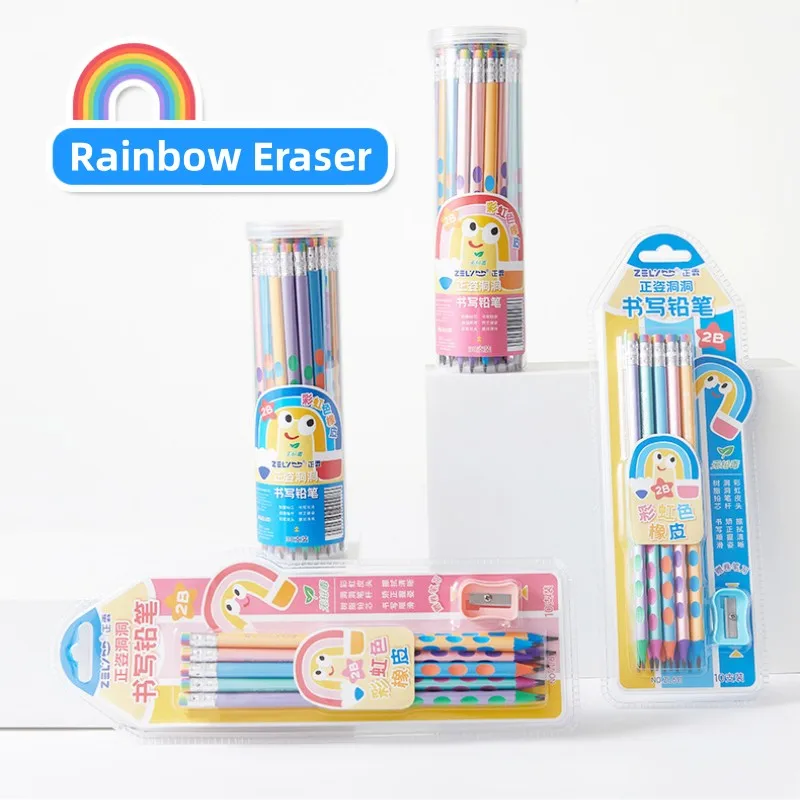 10pcs Groove 2B Posture Correction Pencil with Rainbow Eraser Tip Pencil Sharpener Learning Drawing Pencil Stationery