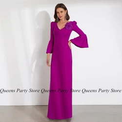 Simple Mother of The Bride Dress Flare Sleeves V Neck Flower Straight Side Slit Floor Length Wedding Guest Gown Party Dresses