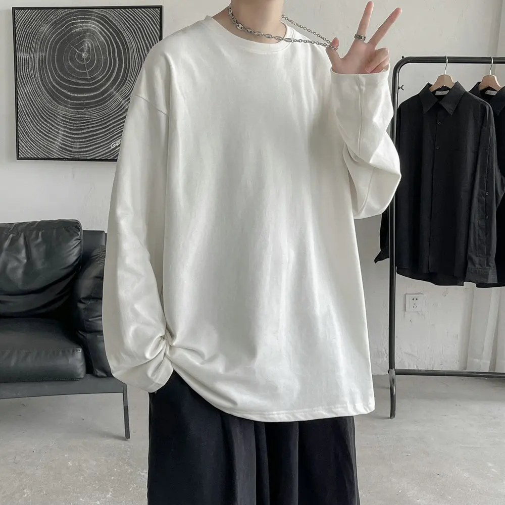 Long Sleeve Casual Solid Color Cotton T Shirt For Men 2023 Spring Autumn O-neck Oversized Men's T-shirt