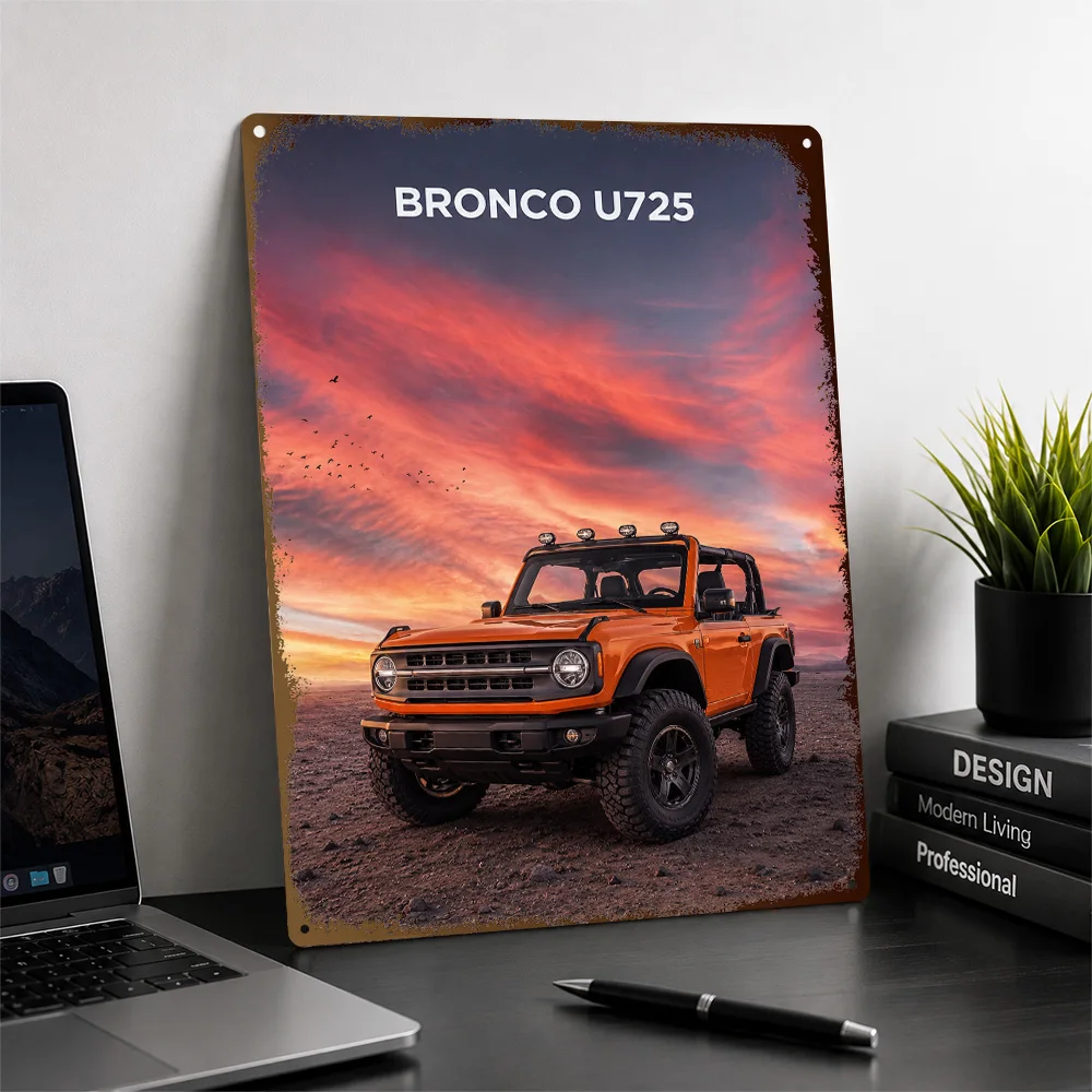USA Bronco U725 Orange Off-Road Car Aluminum Poster Customized Metal Tin Sign Bold Terrain Style Wall Art Perfect For Workshop