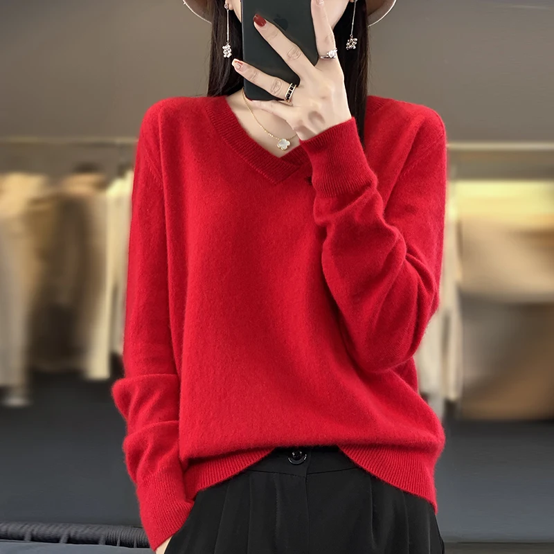 

New cashmere sweater in autumn and winter women's V-neck sweater 100% pure wool casual top fashion Korean pullover bottoming shi