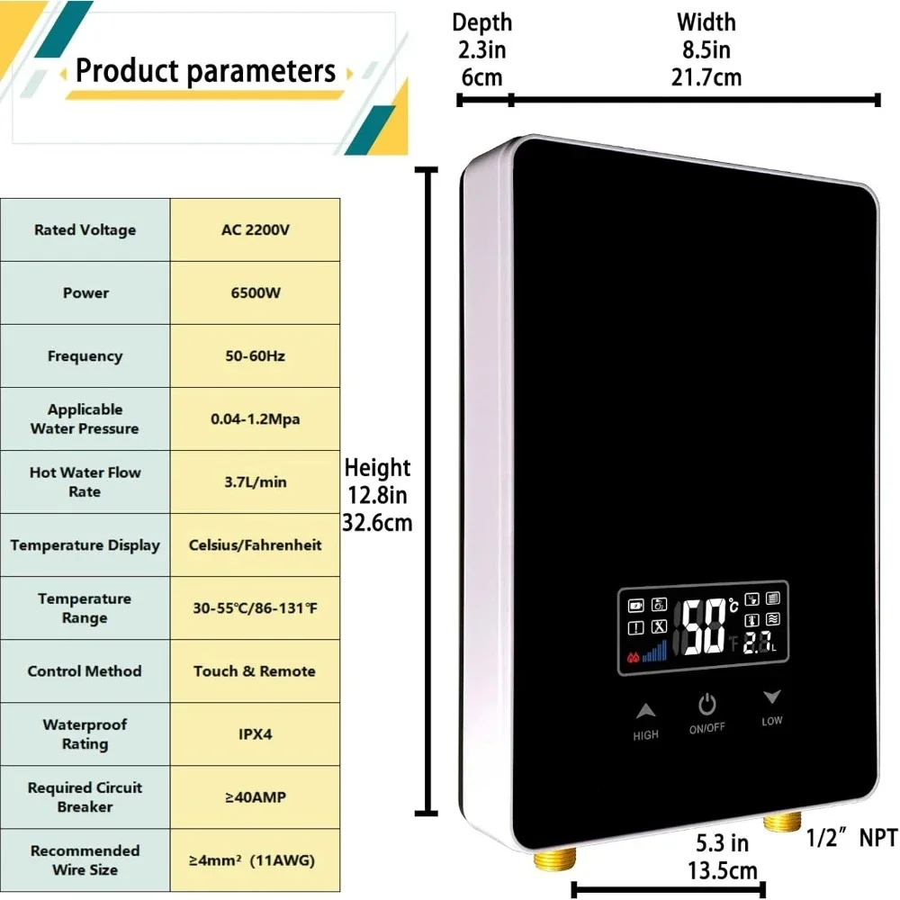 Tankless Water Heater Electric, 6.5Kw 220v On Demand, Remote Control & Adjustable Temperature, Demand Hot Water Heaters