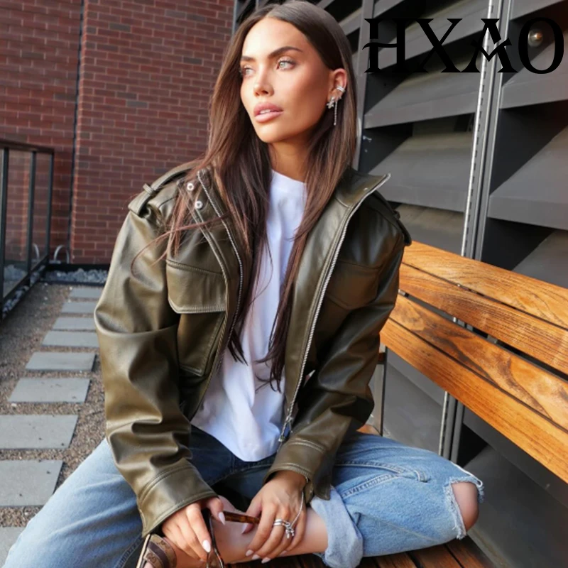 

HXAO Women's Faux Leather Jacket Demi-Season New Bomber Jacket Cropped Coat Long Sleeve New In Outerwears Zip Up Womens Coat