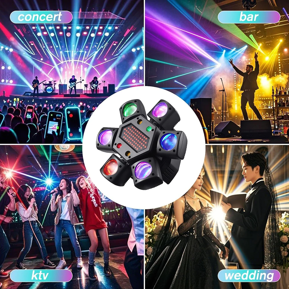 Sechsarmiger Rotierender Disco-Laser mit LED-Mustern, Bühnenbeleuchtung mit Fernbedienung und DMX512 für Hochzeiten und Festivals – Detail 8