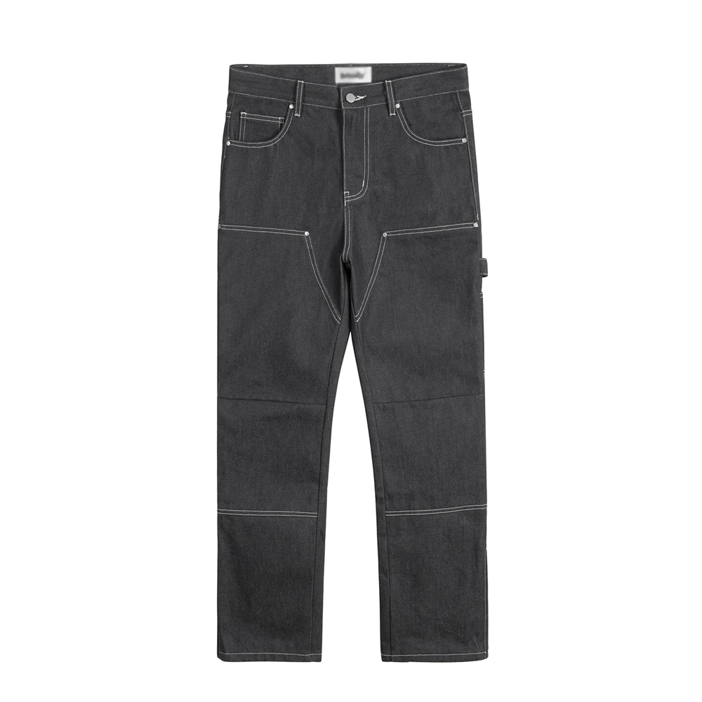 Top Stitch Zimmermann Hose Herren Doppel knie einfarbig High Street Straight Saum Reiß verschluss Hose Herren Jeans – Detail 11