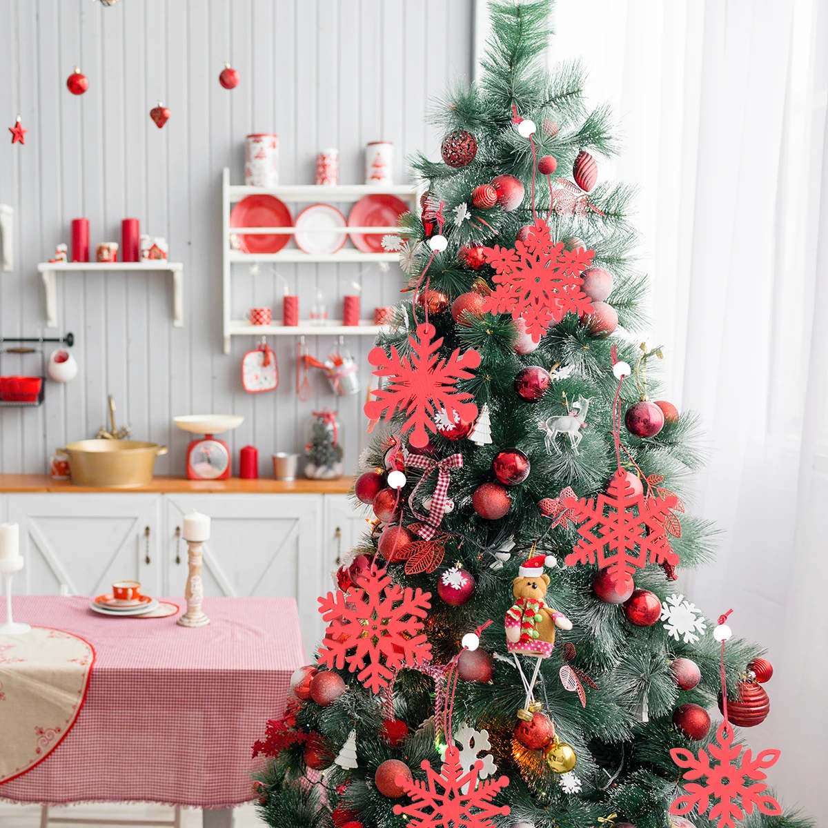 

Wooden Christmas Decorations Red Xmas Hanging naments Snowflake Slices Snowflake Pendants Craft Xmas Hanging Decoration Supplies