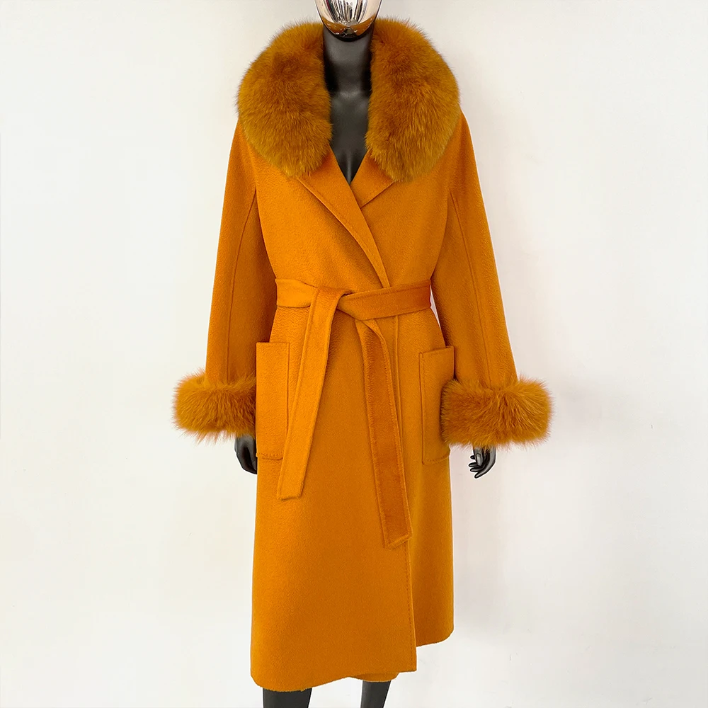 Elegant Wool Fur Jacket Women's Autumn Winter Warm Coat Natural Real Fox Fur Collar Jacket Casual Fashion Long Fur Coat Women's