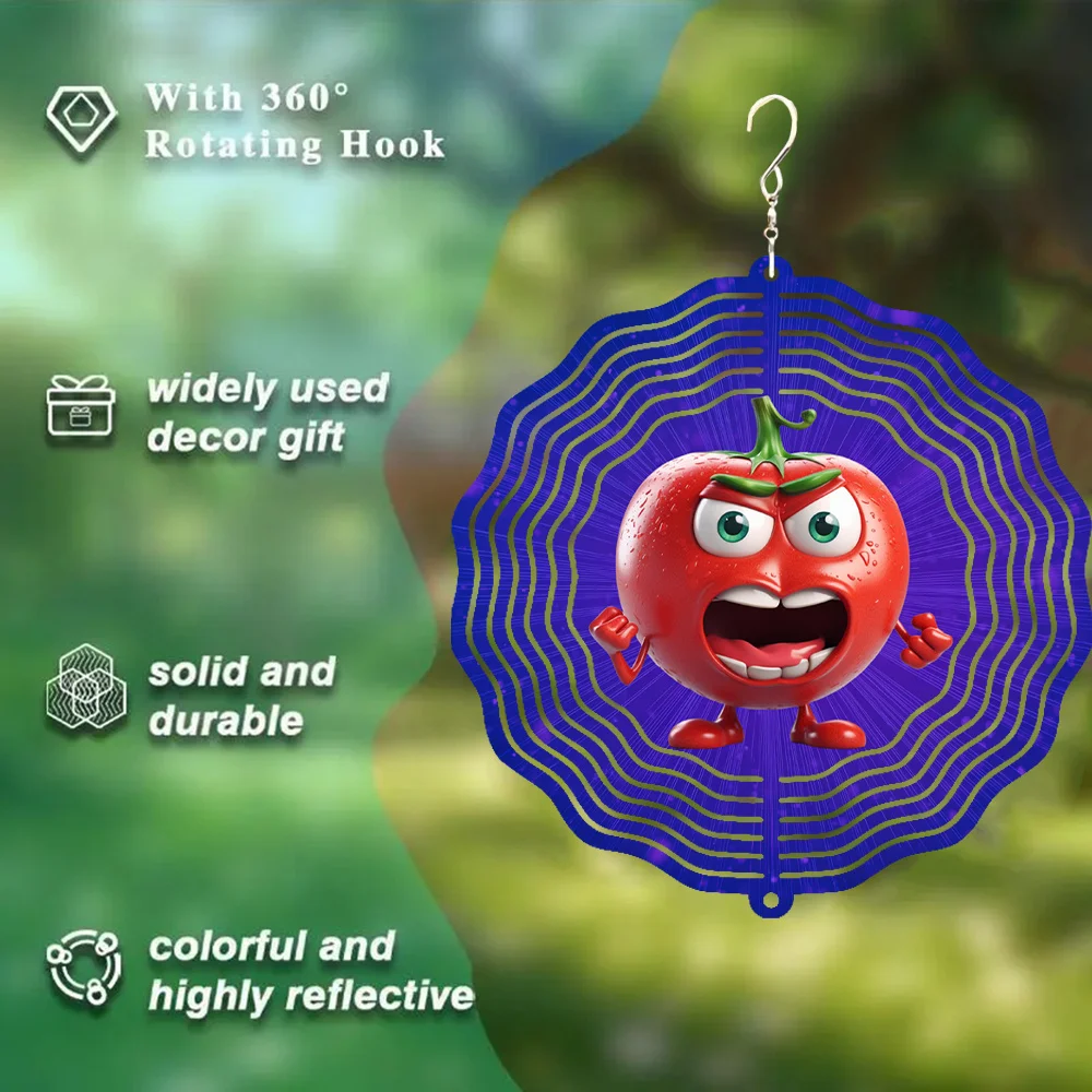 1pc Beautiful Cartoon Tomato Wind Chime Metal 3D Rotating Wind Chime with 360° Rotating Hook to Create a Strong Dynamic