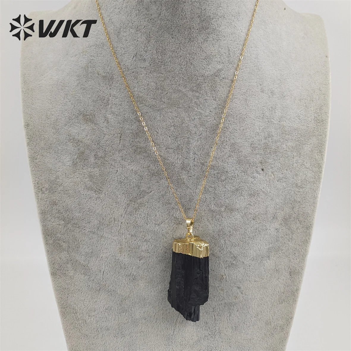 WT-N1405 Amazing Energy Raw black Tourmaline necklace with 18k real gold plated natural black stone necklace in randomly shape