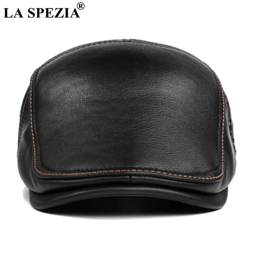 LA SPEZIA Flat Cap for Men Autumn Winter Real Leather Male Beret Patchwork High Quality Black Brown British Style Men\'s Ivy Cap