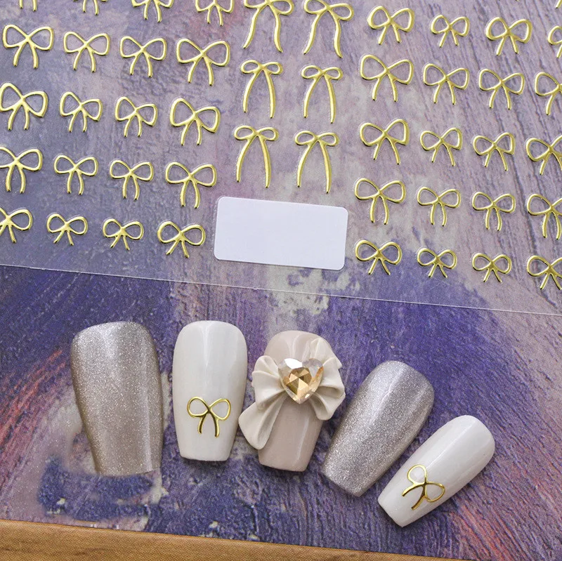 White Bowknot Nail Stickers 3D Embossed Valentine Gold Silver Bowtie Ribbon Adhesive Decals Loves Day Sweet Heart Manicure