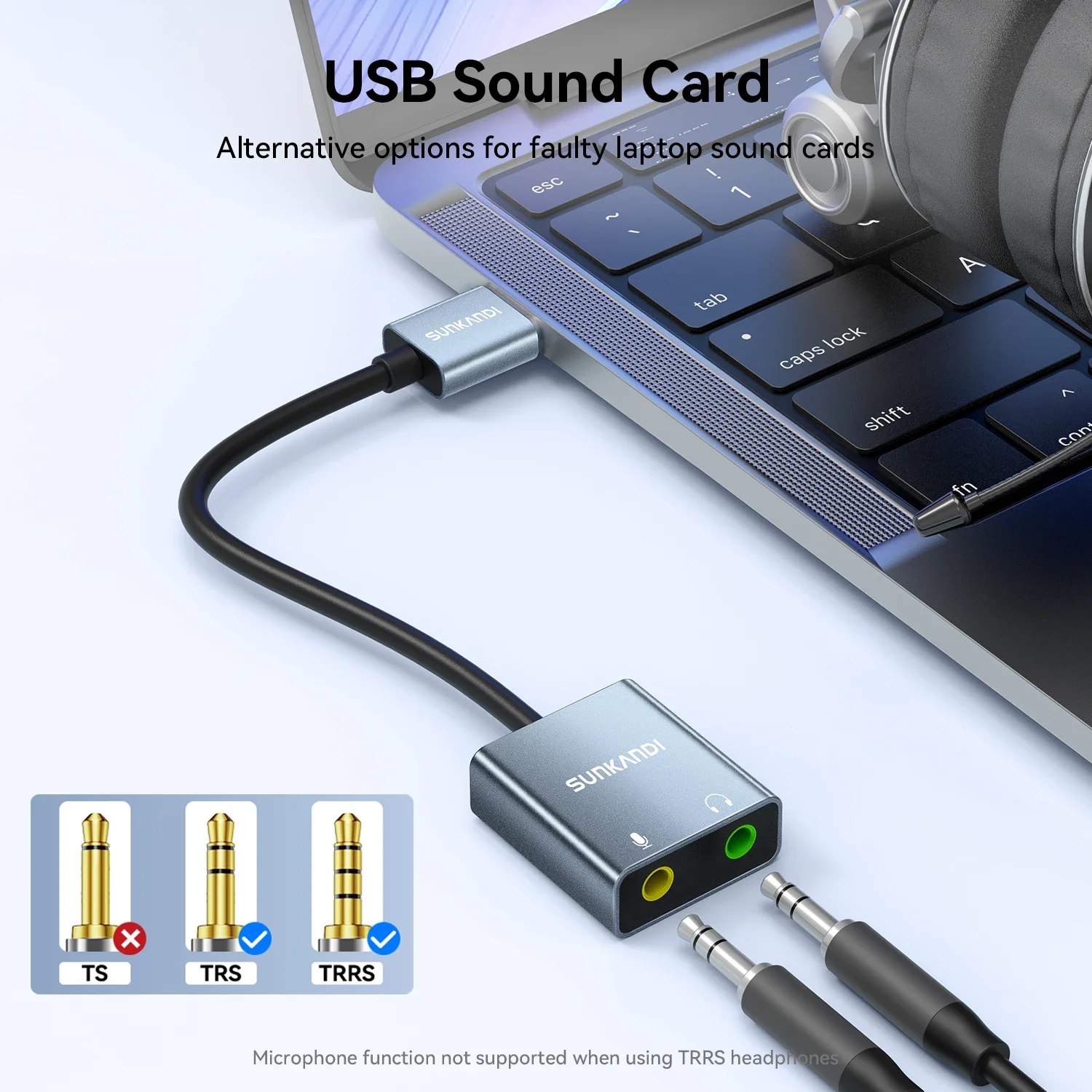 SUNKANDI USB to Audio Jack Sound Card Adapter with Dual TRS 3-Pole 3.5mm Headphone and Microphone for Windows Mac PC Laptops