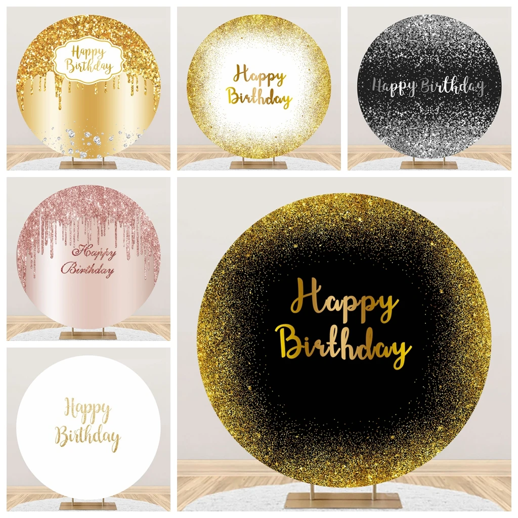 Round Happy Birthday Glitter Circle Backdrops For Photo Studio Gold Black White Silver Happy Birthday Photography Backgrounds