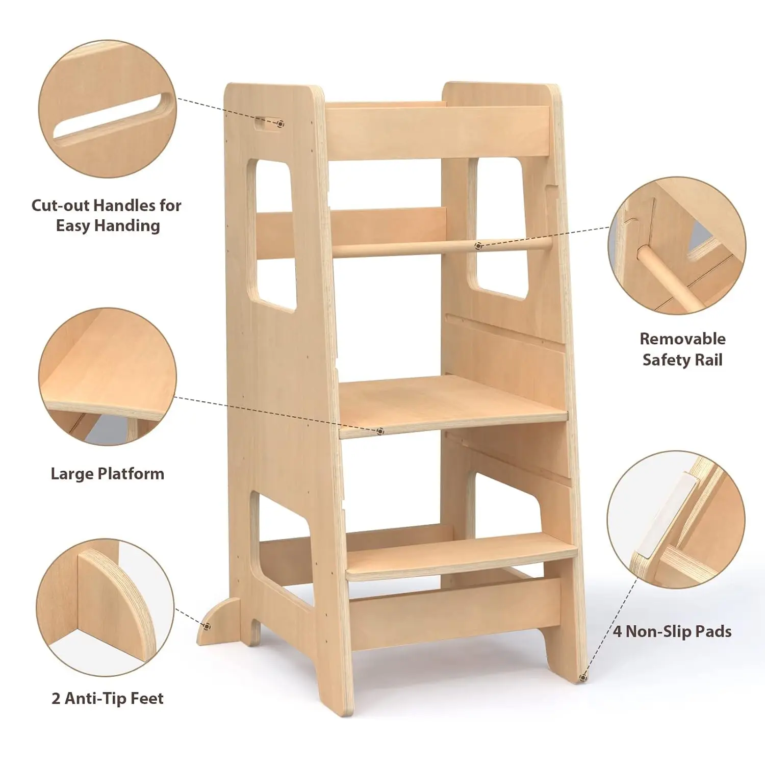 Kitchen Step Stool for Kids and Toddlers with Safety Rail, Adjustable Height Step Stool Helper Standing Tower Learning