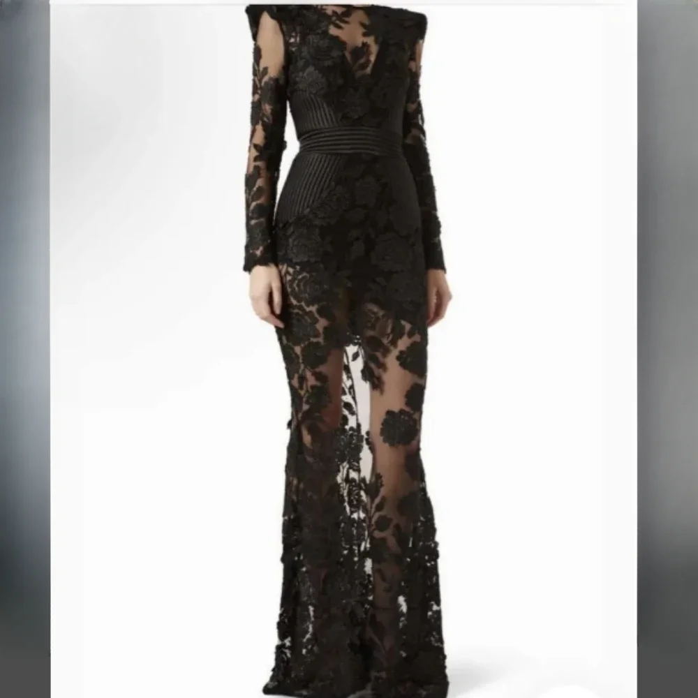 Long Sleeved Black Lace Applique Evening Dress Elegant Female Prom Gown Exquisite Customized Formal Occasion Clothes 2025 Newest