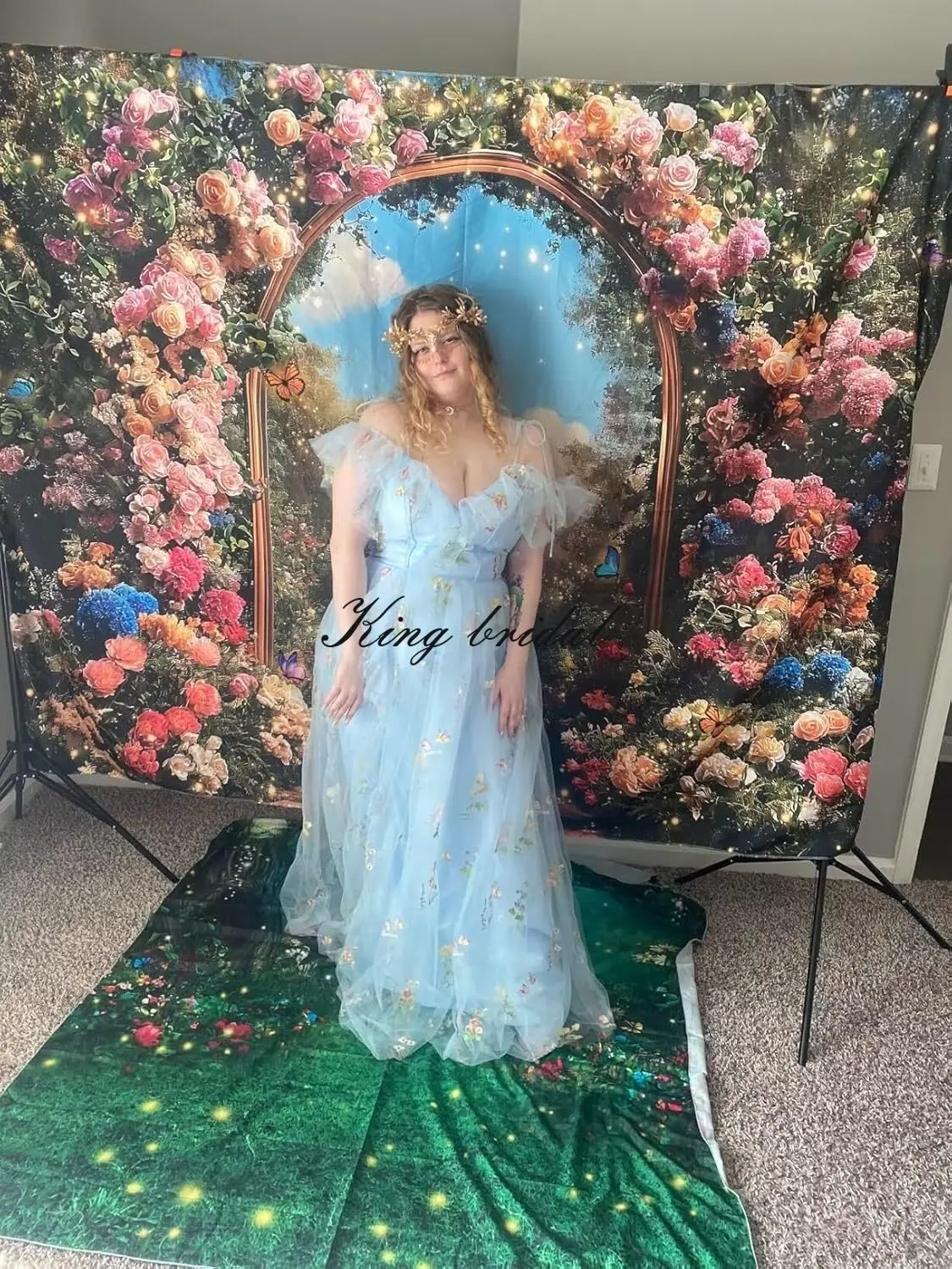 العرف المرأة زهرة التطريز تول فساتين لحضور الحفلات الموسيقية شق طويل السباغيتي الأشرطة الخامس الرقبة الجنية فستان رسمي مساء ثوب الحفلات