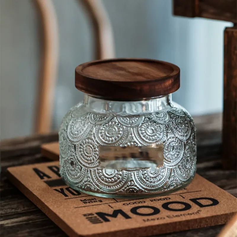 Relief Glass Storage Jar of Crabapple Flower Clear Candy Box Home Airtight Container Kitchen Storage Glass Bottle Candle Holder