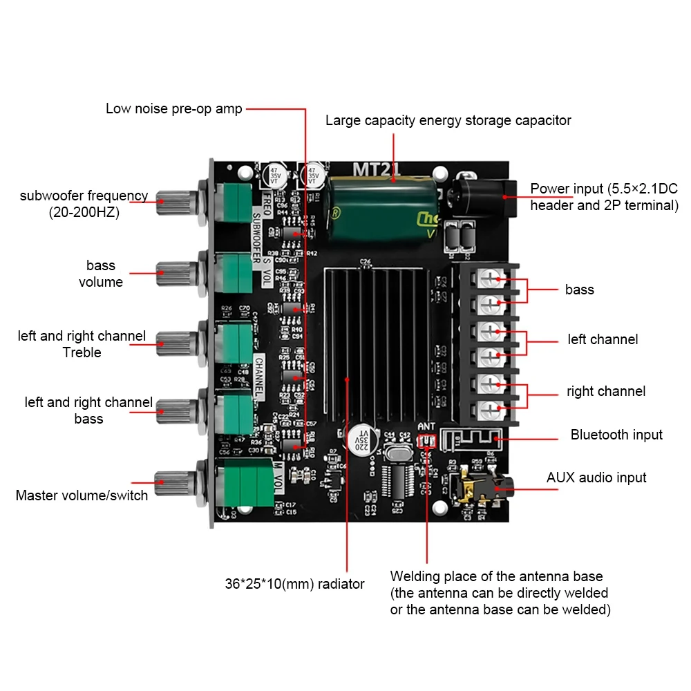 Placa amplificadora de potencia Digital, ZK-MT21, 50Wx2 + 100W, 2,1 canales AUX + BT5.0, tono alto y bajo, Supergraves