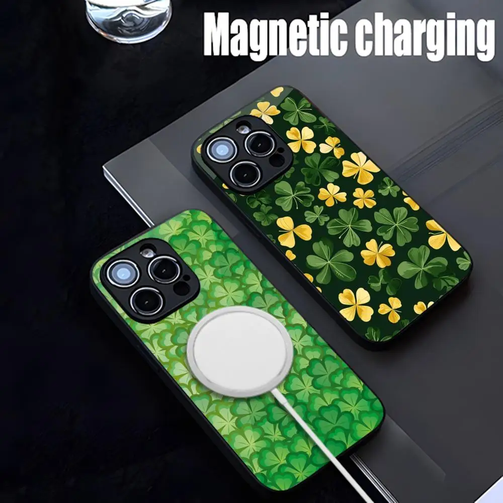 Lucky Four Leaf Clover Phone Case Strong Magnetism Glass For iPhone 16ProMax 14 13 12 15 11 Pro XS Max Plus Mini Coque