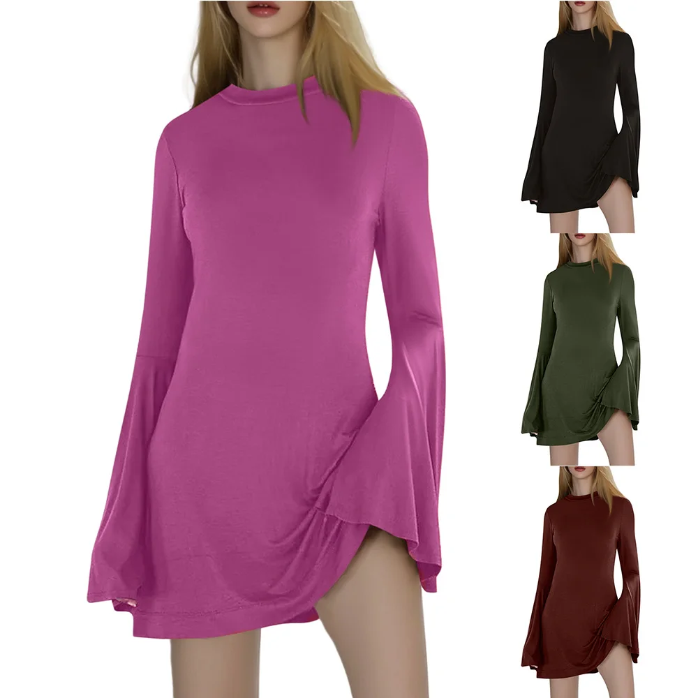 Women'S Autumn And Winter New Dresses Simple Classic Solid Flared Long Sleeve Round Neck Dresses Elegant Exquisite Mini Dress