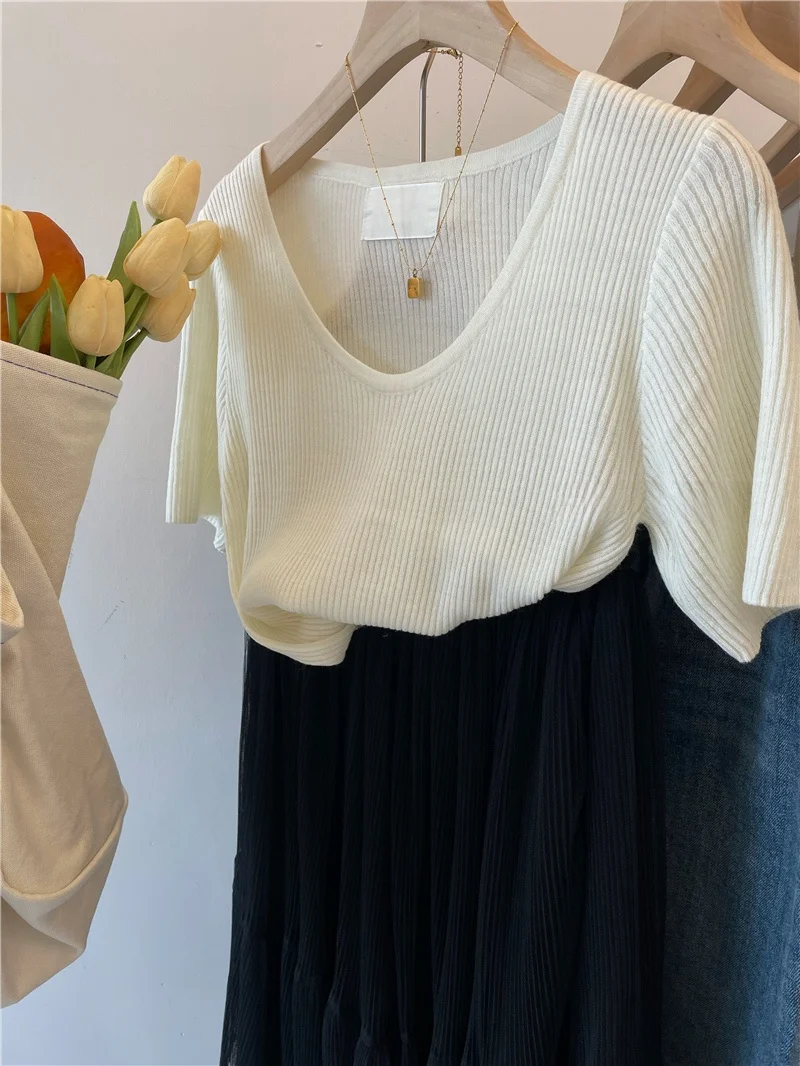 Extra Large 300 Pounds Loose Slimming Wool Short Sleeve U-Neck Knitwear Summer Slim Fit Texture Versatile Top Korean Style