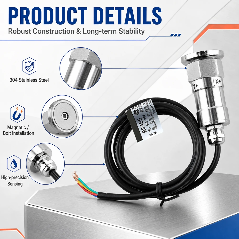 0-50mm/s Temperature Vibration Sensor Three-Axis Integrated RS485 Stainless Steel Vibration Transmitter for Water Pumps and Fans