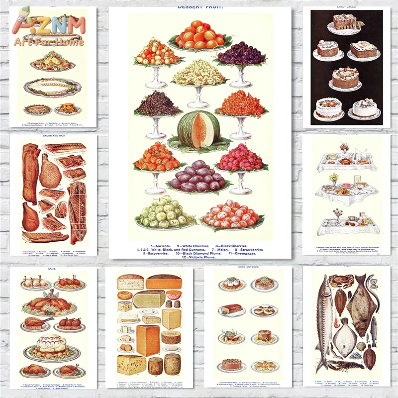 AZNM Vintage Food Canvas Wall Art Kitchen Fruit Cheese Cake Meat Print for Retro Home Decor