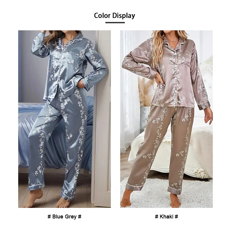 Women Satin Pajama Casual Sleepwear Home Clothes Suit Autumn Long Sleeve Button Up Top & Pants Nightwear Loungewear Pyjama Femme