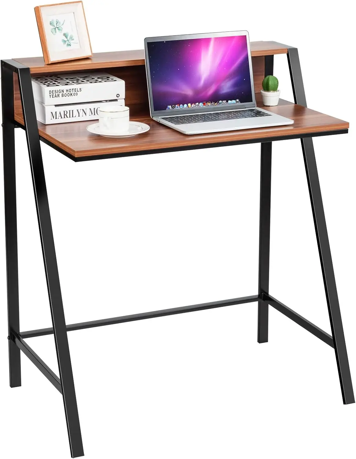 

Small Computer Desk, Compact Home Office Desk with Sturdy Frame, 2 Tier Study Writing Table for Small Place Apartment Office