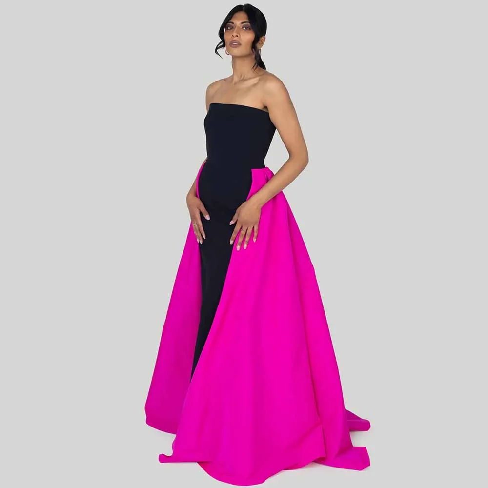 

Modern Women's Evening Dresses Crepe Fabric Sheath/Column Valentine's Day Dress Black and Fuchsia Strapless Cape Party Dress