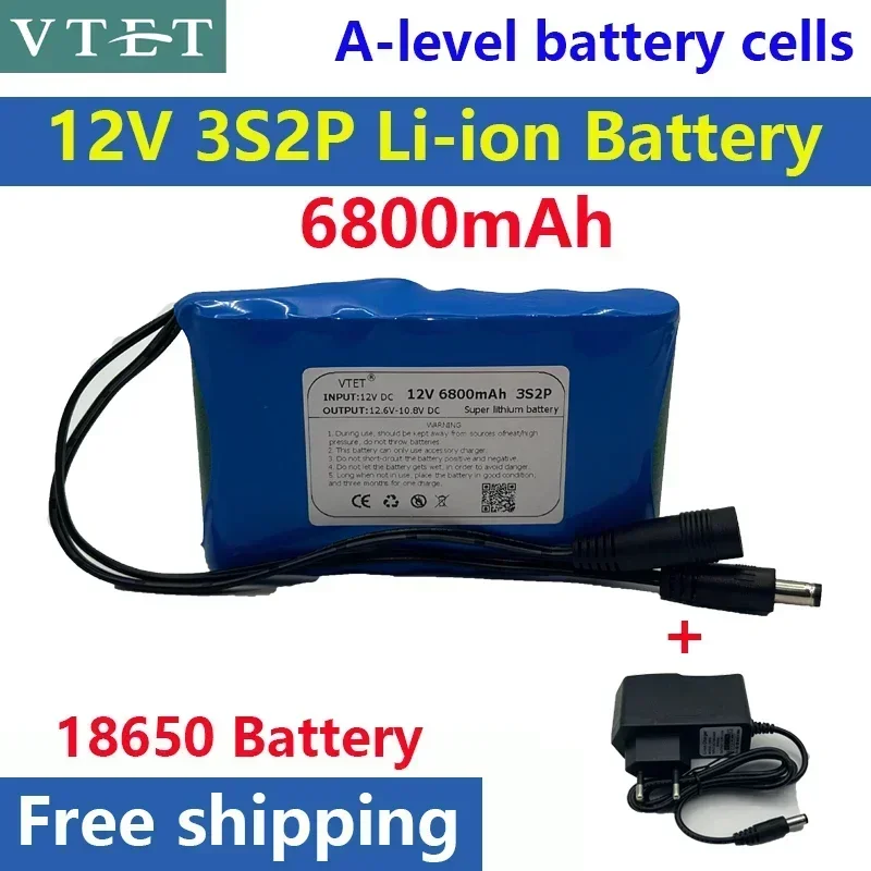 2024 DC 12V 18650 Battery Pack 6800mAh Rechargeable Batteries 12.6V PCB Lithium Battery Pack Protection Board +12.6V 1A Charger