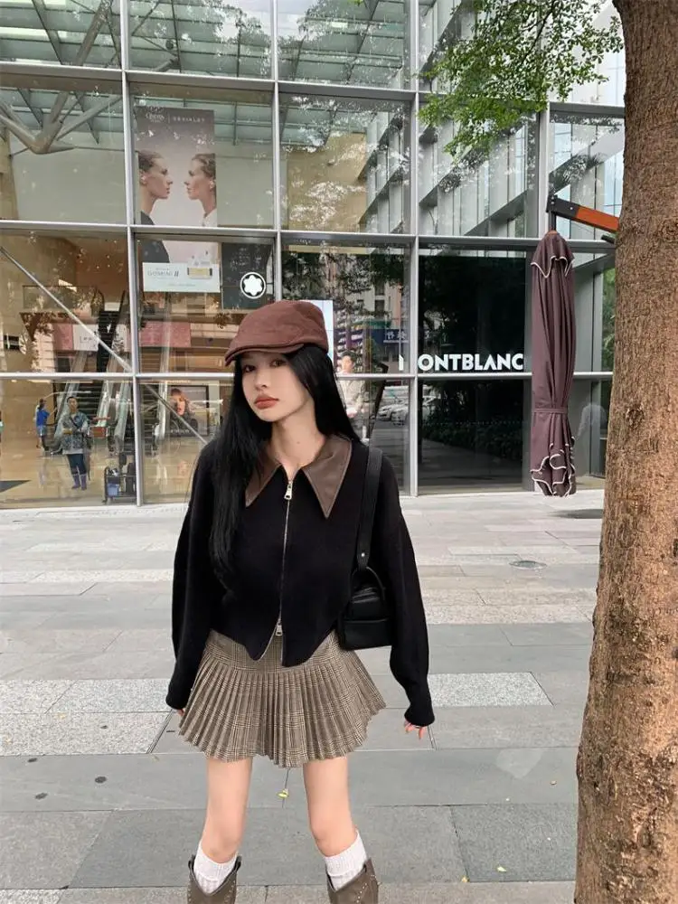 

Винтажный черно-белый лоскутный элегантный короткий свитер с двойной молнией, женский осенне-зимний новый коричневый кардиган для отпуска, вязаные топы