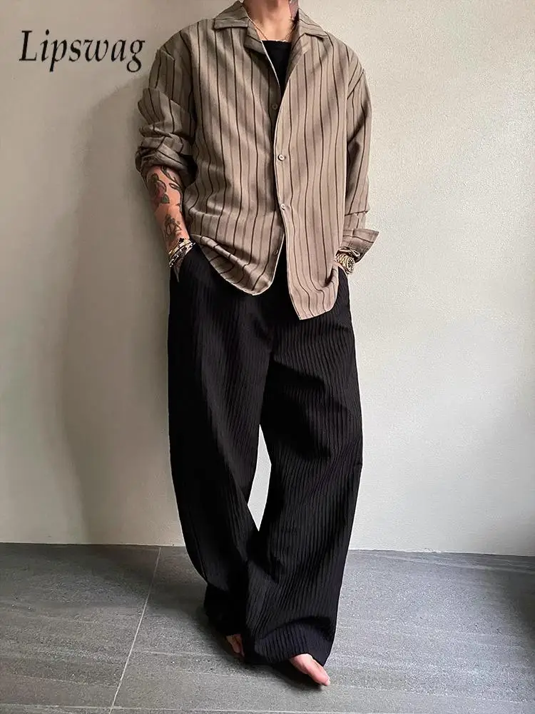 

Vintage Striped Textured Ribbed Mens Pants 2025 Summer Daily Casual Loose Straight Trousers For Men Streetwear Fashion Trousers