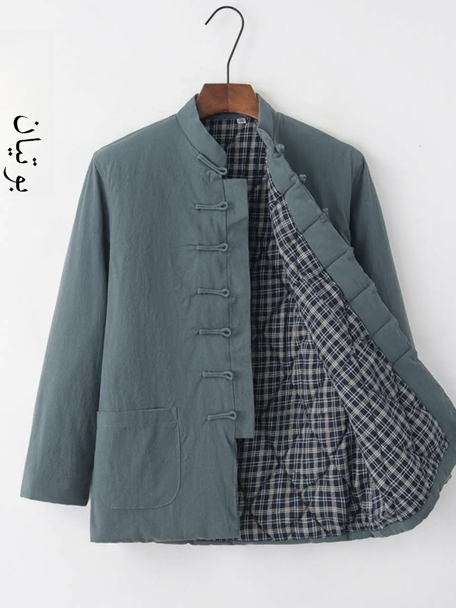 

Thiened Cotton Padded Jaet for Men Youth And Middle-Aged ly Vintage Chinese Sle Cotton Linen Winter Coat Long Tailor