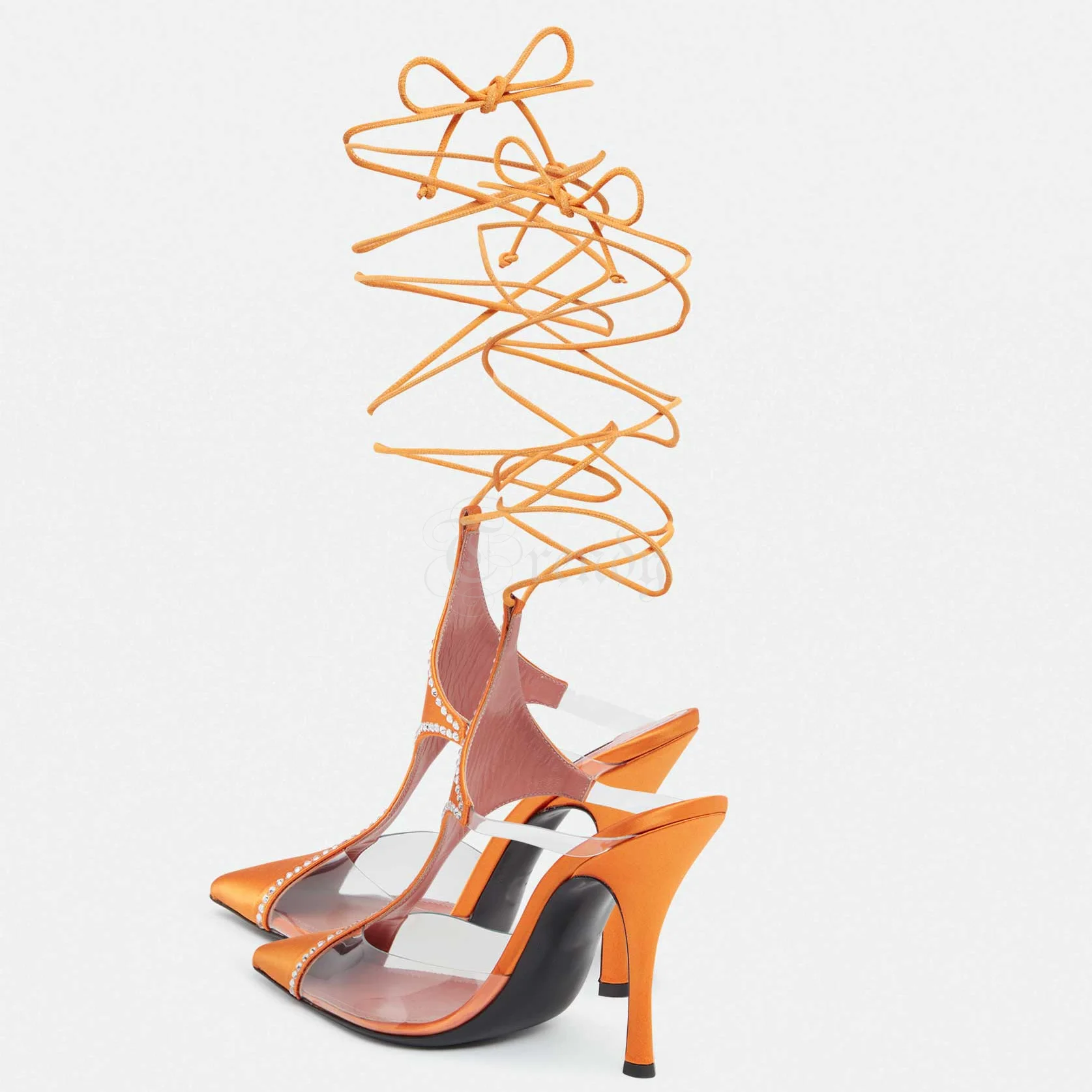 Orange Silk Pvc Sandals Women Heels Crystal Studded Satin Cutout Design Elegant Lace Calf Pointed Toe Cover Stiletto Dress Shoes