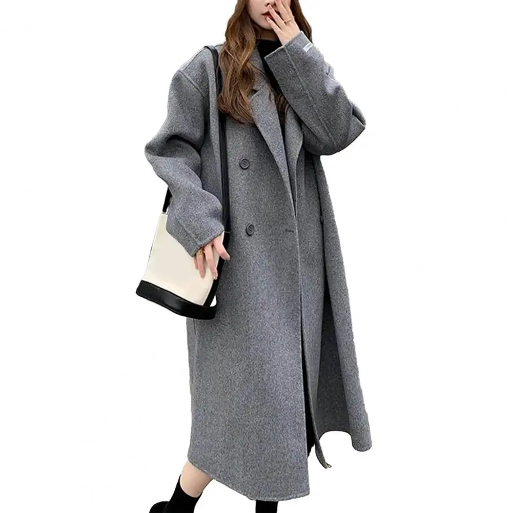 Ladies\' Mid-length Coat with Side Pockets Stylish Women\'s Double-breasted Winter Coat with Lapel Pockets for Warmth for Autumn