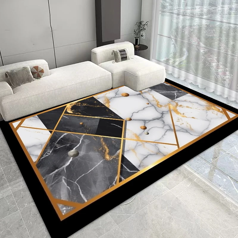 Golden Black Frame Carpet for Living Room Luxury Bedroom Decoration Rug Marble Sofa Table Beside Home Decor Rugs Non Slip Mat