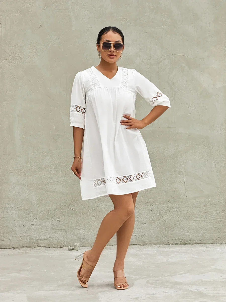 

New Women Acute Summer Mini Dress Bohemian Half Sleeve V Neck Solid Color Flowy Tunic Dress Street Style Skin-Friendly Hot Sale