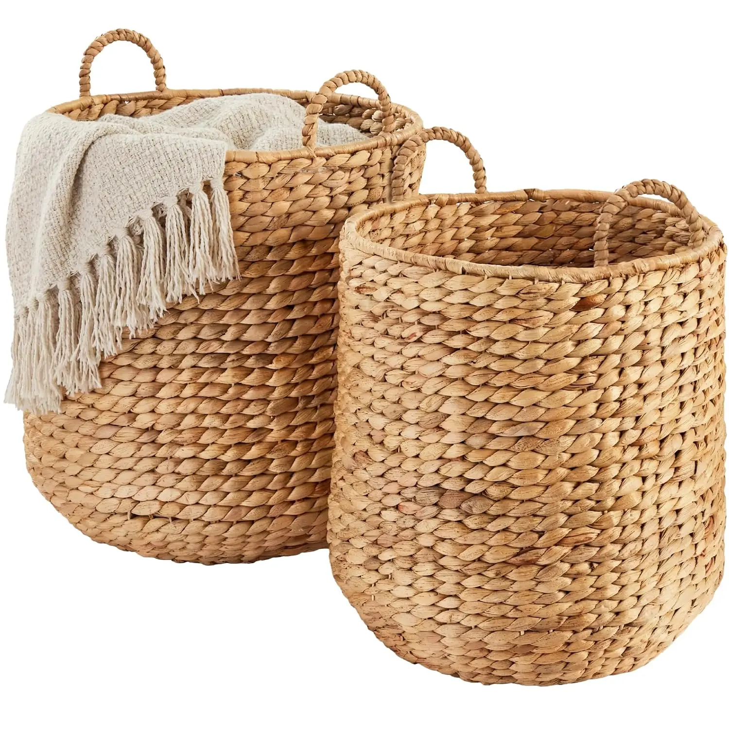 2-Piece Round Nesting Baskets W/Handles, Handwoven Water Hyacinth, Plant Holder, Laundry Basket, Storage Organizer, Tote Bins
