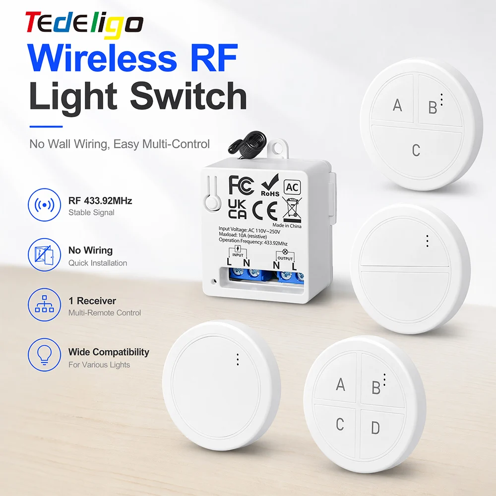 AC110V 220V 10A RF 433MHz Wireless Light Switch Remote Control Relay Receiver Mini Round Button Wall Switch For LED Lamp
