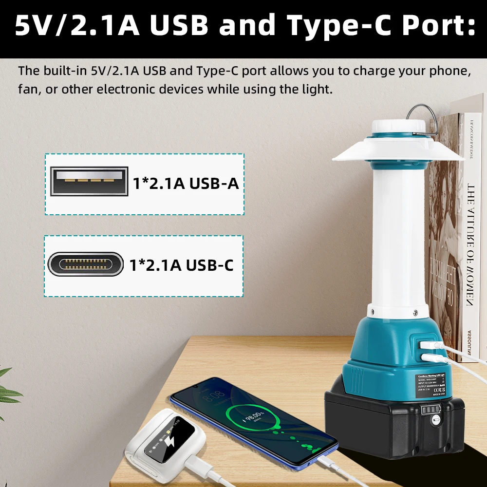 فانوس 800LM لبطارية ماكيتا LXT 14.4 فولت-18 فولت، ضوء تخييم محمول مع USB/Type-C، استخدام الطوارئ (البطارية غير متضمنة)