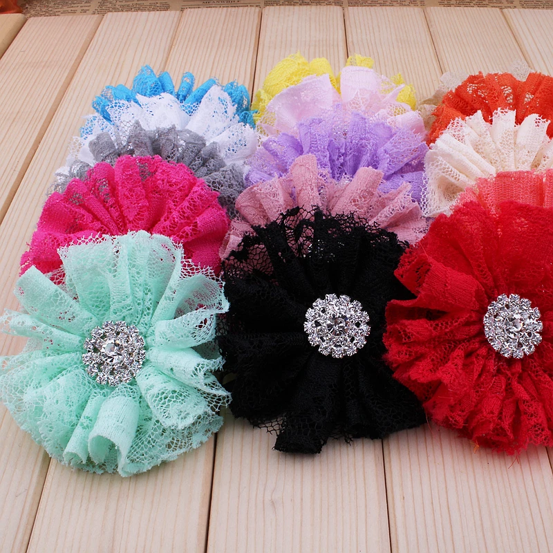 Shabby Lace Mesh Flower 7cm with Rhinestone Button Hair Accessory for Kids Girls Fabric Flower for Headbands